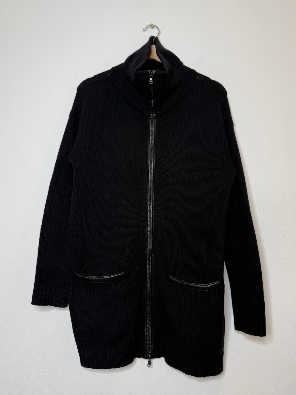 Ralph Lauren Black Label Wool Lamb Leather Funnel Neck Double Zip Sweater medium